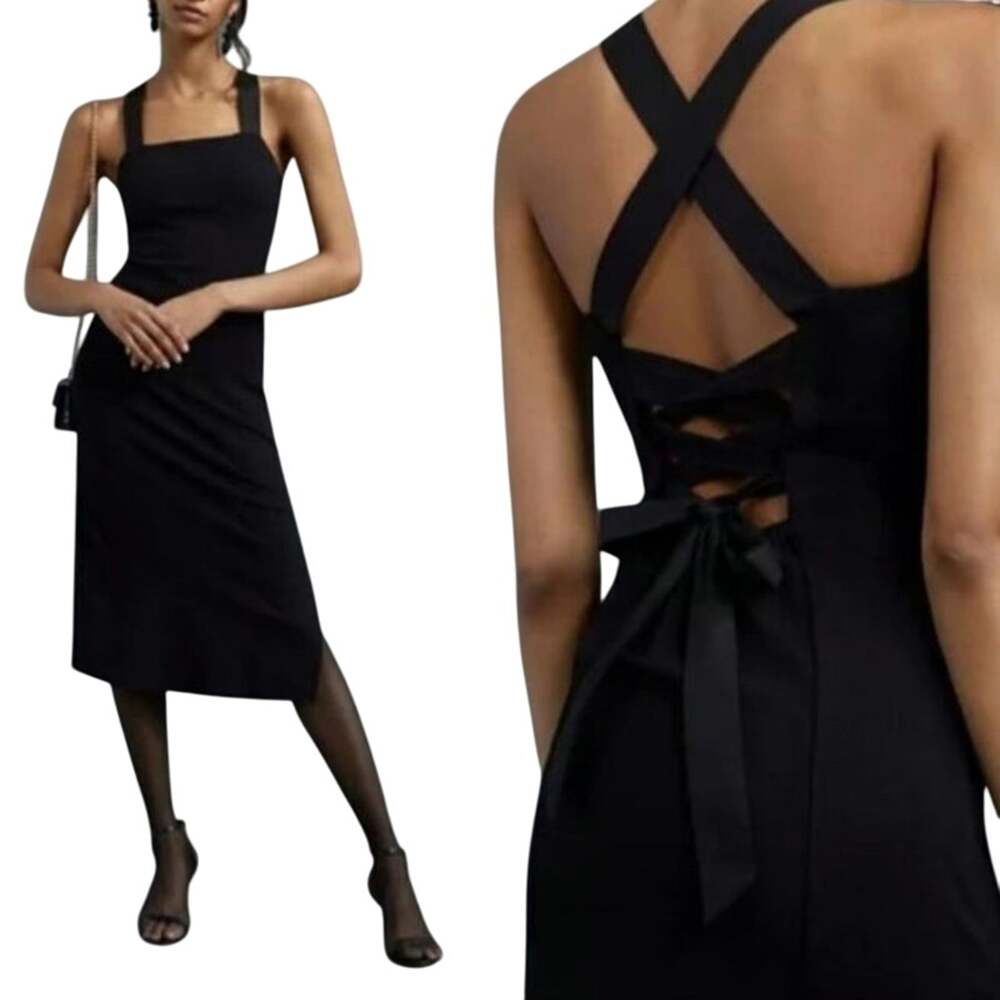 NWT Anthropologie Porridge Black Seamed Cross Back Midi Dress